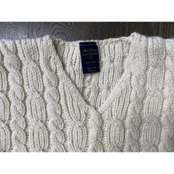 Paul James England 100% Wool Chunky V Neck Cable Fisherman Sweater~L - Picture 2 of 2